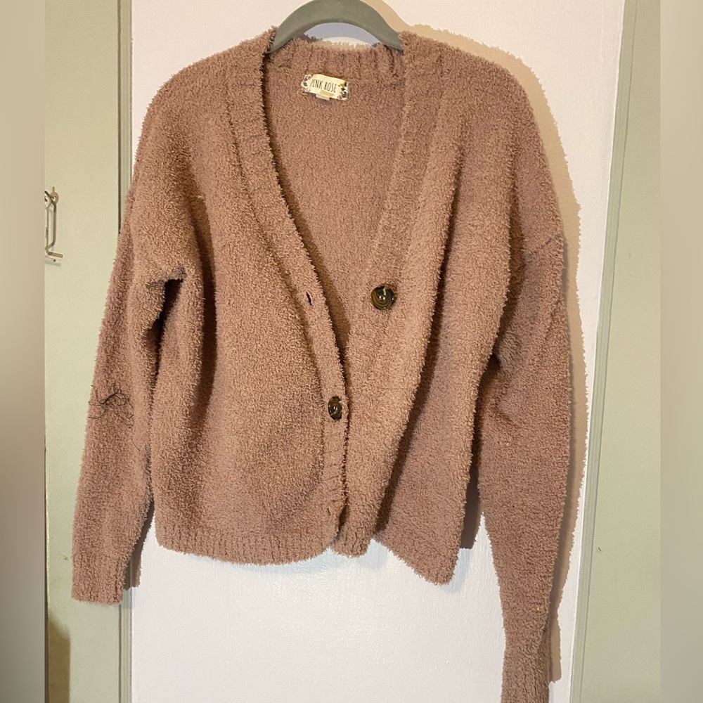 fuzzy pink cardigan